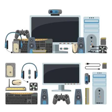 Computer technology objects isolated in white background. Vector design eleme Stockillustratie