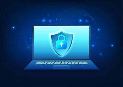 Computer technology The screen is a shield and a lock, and the background i.. 库存插图