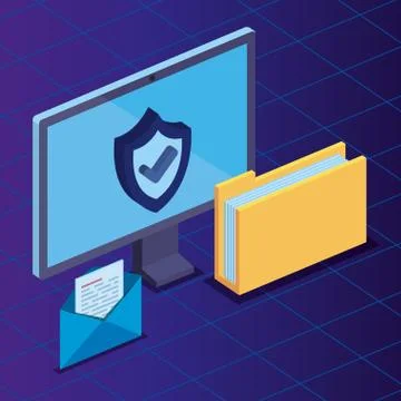 Computer technology with shield security and folder documents Stock Illustration
