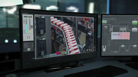 Computer technology ui is controlling the automated industrial lines at a plant Stock Footage 266319833