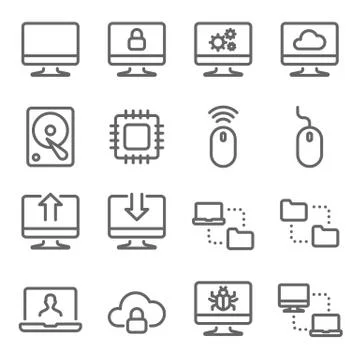 Computer Technology Vector Line Icon Set. Hard disk, network and more. Stock Illustration