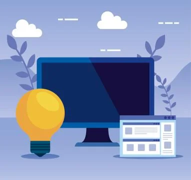 Computer technology with website and bulb idea Illustrazione stock