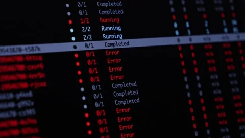 A computer terminal display showing a list of tasks with running, completed, Stock Footage 346526037