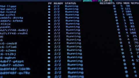 Computer terminal display showing Running and Terminating process statuses,.. Stock Footage 311932029