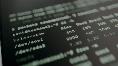 Computer terminal green text, ping, disk usage, memory, open ports, syslog Video stock 331126219