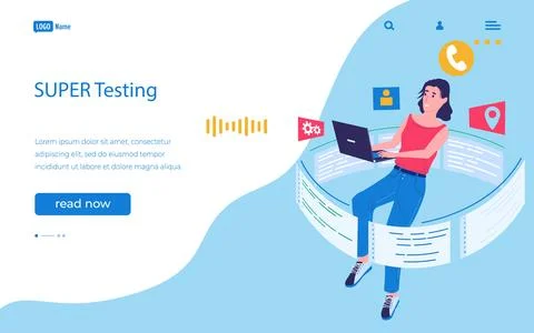 Computer testing. Landing page. Software development tester. Website design Stock Illustration