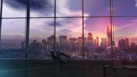 Computer-themed data protection visuals against a backdrop of urban skyscrapers Stock Illustration