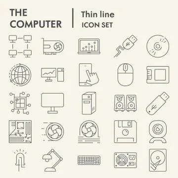 Computer thin line icon set, device symbols collection, vector sketches, logo 스톡 일러스트