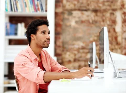 Computer, thinking and idea with business black man in office for marketing.. 库存照片
