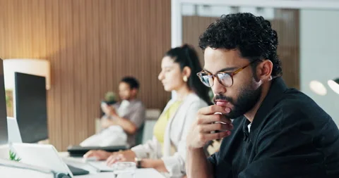 Computer, thinking and man with laptop in office for market timing, trading Stock Footage 329377511