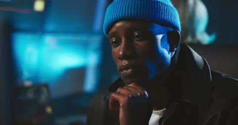 Computer, thinking and man at night for coding, programming, software update or Stock Footage 309816236