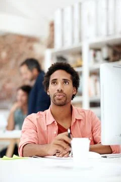 Computer, thinking and planning with business black man in office for marke.. 库存照片