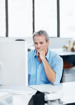 Computer, thinking and reading with business man for media planner, idea and Stock Photos