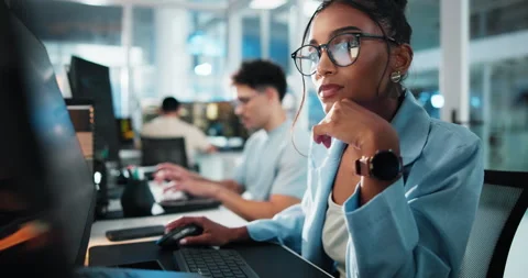 Computer, thinking and typing with programmer woman in office as graphic Stock Footage 309045695