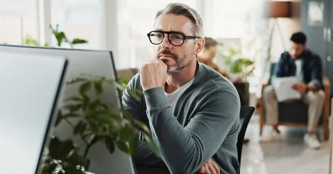 Computer, thinking and web development with man in workplace for design Stock Photos