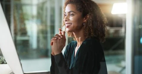 Computer, thinking or happy business woman in office for vision, creative Stock Photos
