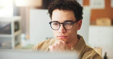 Computer, thinking or man in office for asset management, market research o.. Stock Photos