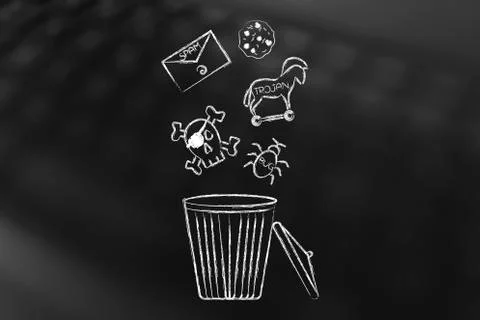 Computer threats icons going into the bin Stock Illustration