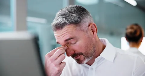 Computer, tired and man with stress in office, eye strain or burnout for tax Stock Footage 341426262