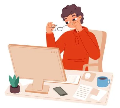Computer tired eyes. Office worker fatigue, pc vision problems. Eye illness Stock Illustration