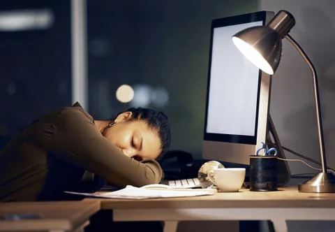 Computer, tired night and black woman sleeping after mockup bookkeeping Stock Photos