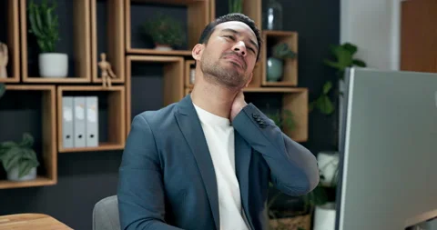 Computer, tired or man at work with neck pain from poor posture, strain or Stock Footage 342335300