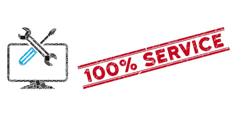 Computer Tools Mosaic and Grunge 100% Service Stamp with Lines Stock Illustration