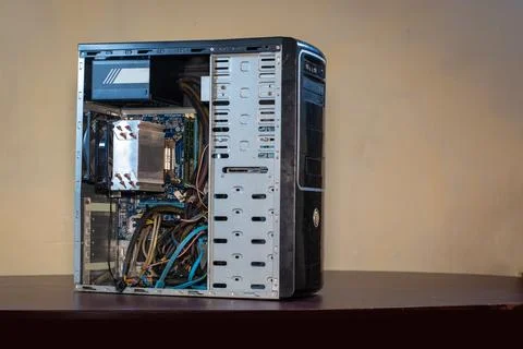Computer tower case on a office desk with showcasing modern equipment and t.. Stock Photos