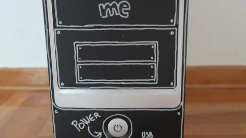 Computer tower with hand drawn design and playful chalk style text on front Stock Footage 315513781