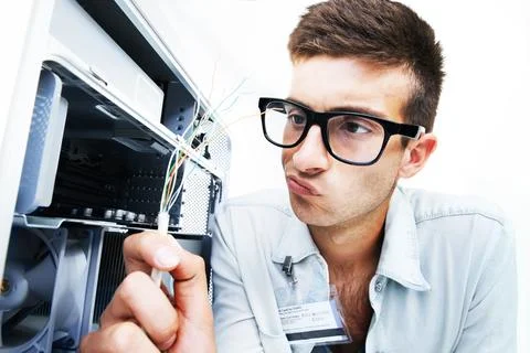 Computer tower, wires and man repair studio hardware, electronics or check Stock Photos