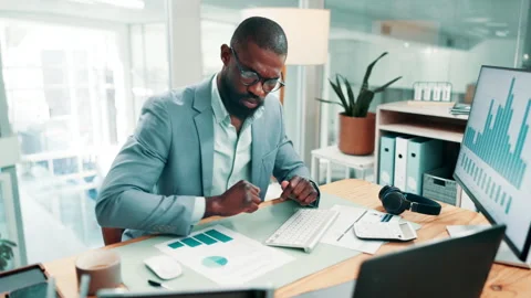 Computer, trader and black man in office, reading or email for audit review, Stock Footage 330041972