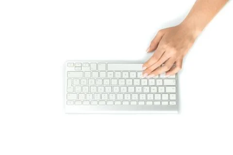 Computer training. Female online work female. Hand typing on desktop office c Stock Photos