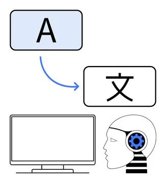 Computer translating text from one language to another with human-thumbs up r Stock Illustration