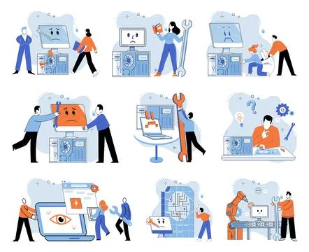 Computer troubleshooting. Computer troubleshooting involves identifying and Stock Illustration