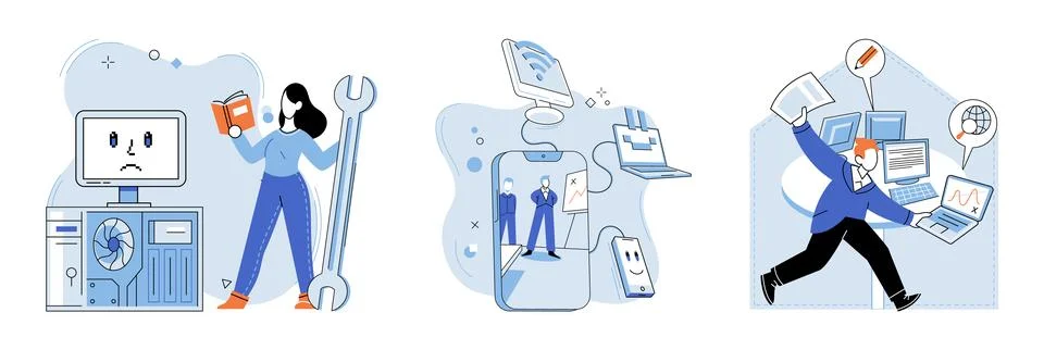 Computer troubleshooting. The computer troubleshooting metaphor compares process Stock Illustration