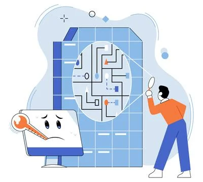 Computer troubleshooting. The computer troubleshooting metaphor represents Stock Illustration