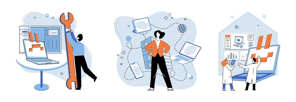 Computer troubleshooting. Software services play vital role in computer Illustrazione stock