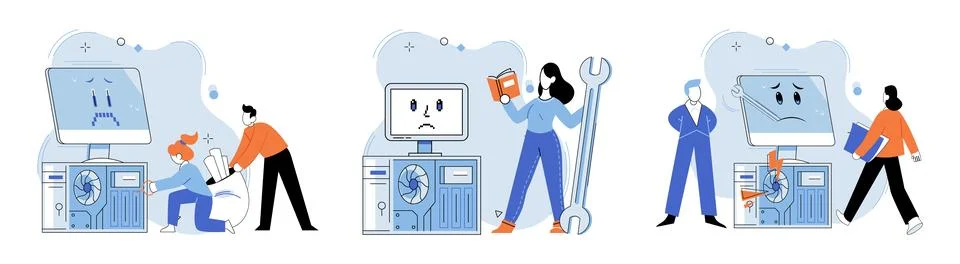 Computer troubleshooting. Technicians are skilled in renovation and restoration Illustrazione stock