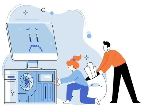Computer troubleshooting. Technicians provide technical assistance in computer イラスト素材