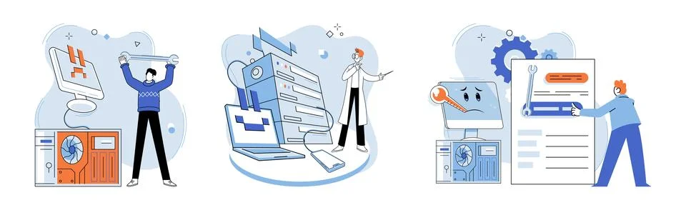Computer troubleshooting. Technicians troubleshoot and repair computer problems Stock Illustration