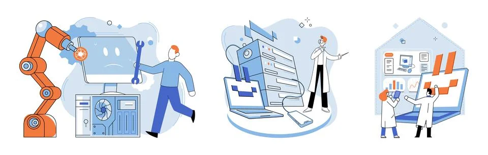 Computer troubleshooting. Troubleshooting software issues is crucial part Stock-Illustration