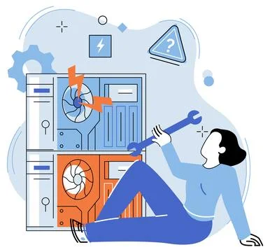 Computer troubleshooting. Working with computers requires regular maintenance 스톡 일러스트