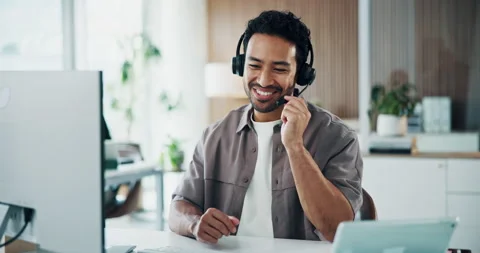 Computer, typing and man in call center for technical support, laugh and Stock Footage 329362833
