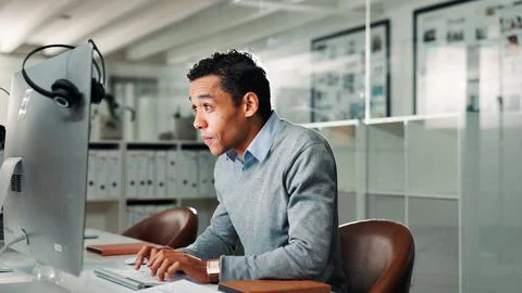 Computer, typing and man in call center for help or online assistance admin Stock Photos