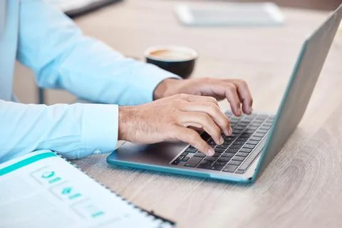 Computer typing, man working and work web research of a tech business man at a Foto stock