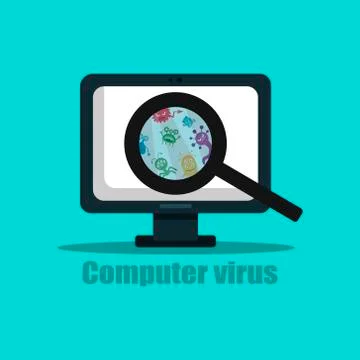 Computer under the threat of a virus, viruses under a magnifying glass, searc Stock Illustration