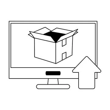 Computer uploading box on screen black and white Stock Illustration