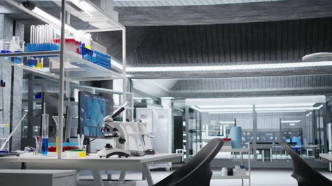 Computer used for molecular results in empty laboratory space 스톡 동영상 318424867