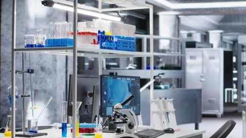 Computer used for molecular results in empty laboratory space 스톡 사진