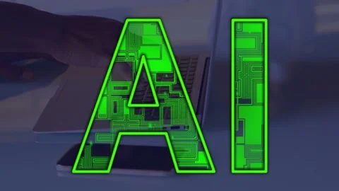 Computer user approaching laptop, typing and testing AI overlay varying opacity Stock Footage 334743815